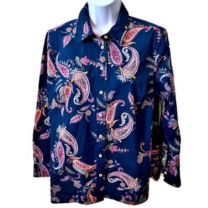 Talbots, Navy Blue and Pink Paisley Long Sleeve Button Down Blouse Top